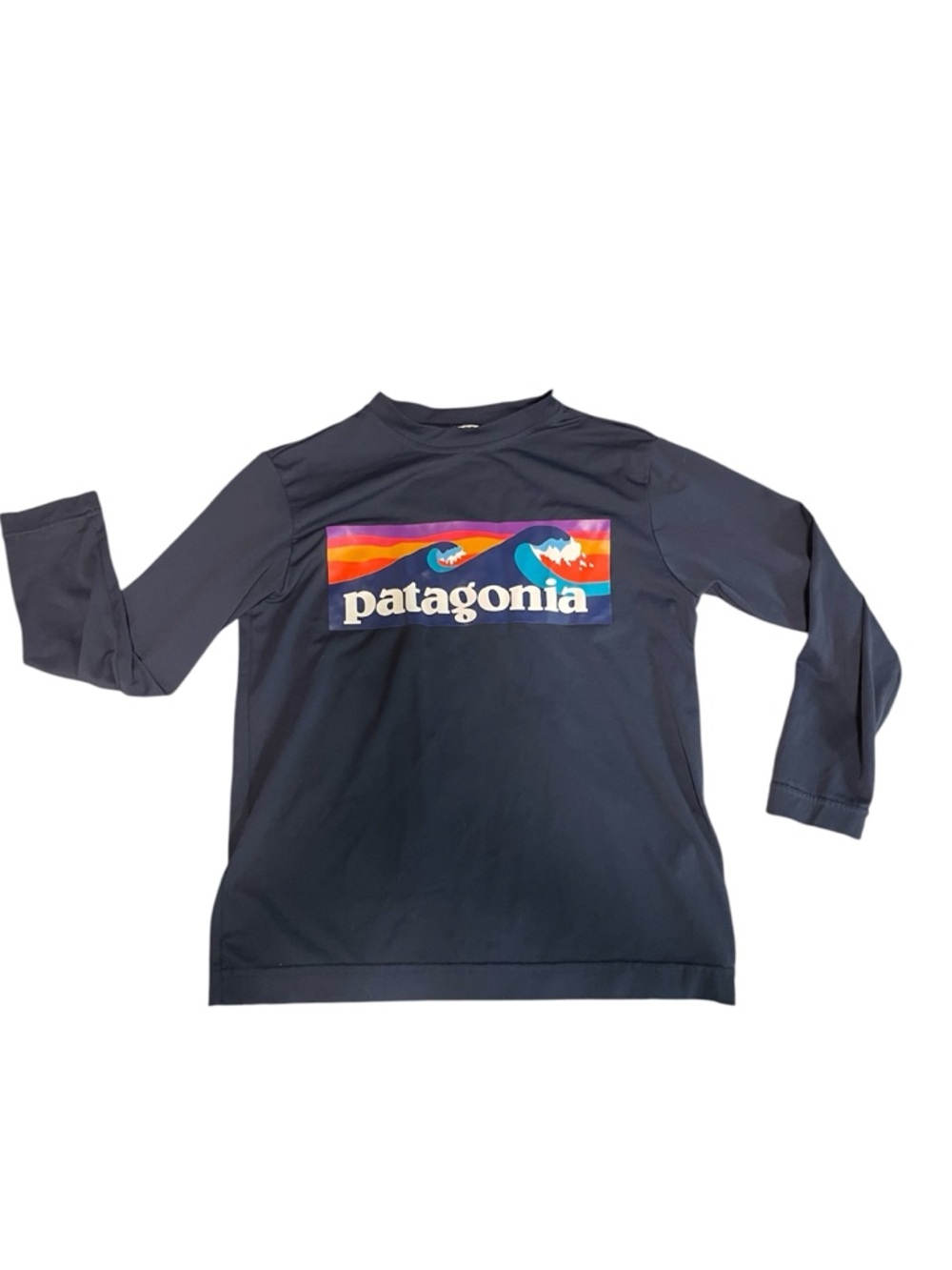 Patagonia Navy Long Sleeve Tee with Multicolor Wave Graphic